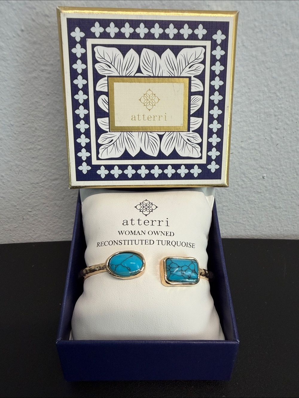 Atterri | Gold Tone Reconstituted Turquoise Hammered Hinge Cuff Bracelet